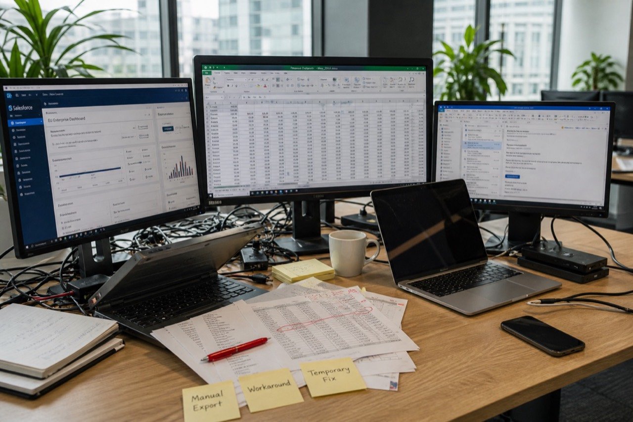 Overloaded workstation showing fragmented tools and workarounds